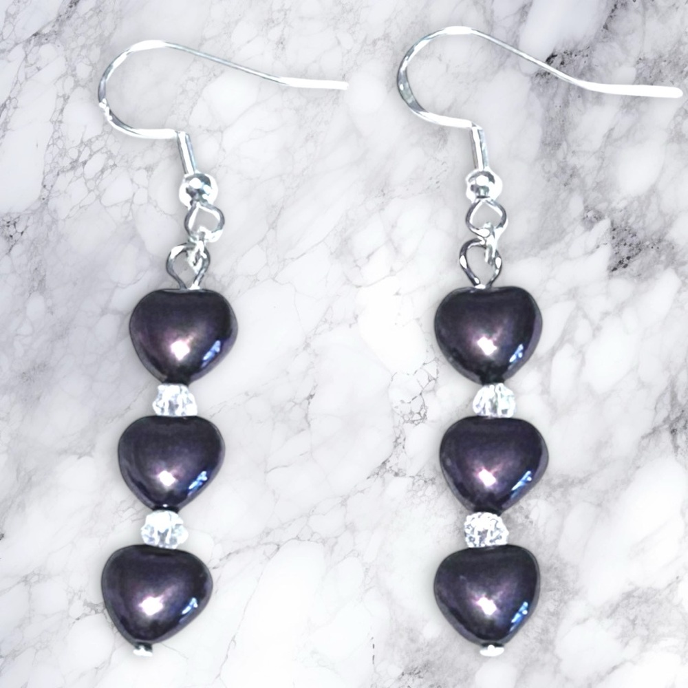Hand Crafted Purple Heart Earrings Long Dangle Pierced Glass Beads